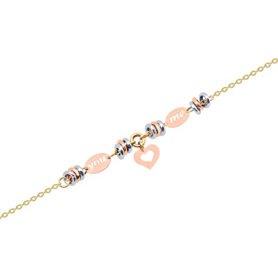14 Ayar 3 Renkli Altın Kalp Figürlü Bileklik