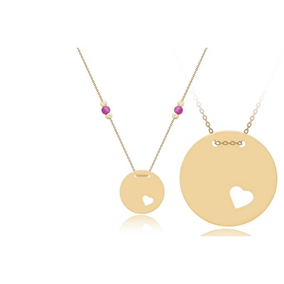 14 Ayar Sarı Altın Pembe Taşlı Kalp Kolye