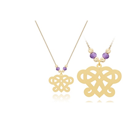 14 Ayar Sarı Altın Mor Taşlı Kalp Kolye