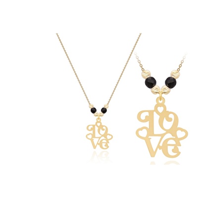14 Ayar Sarı Altın Siyah Taşlı Love Kolye