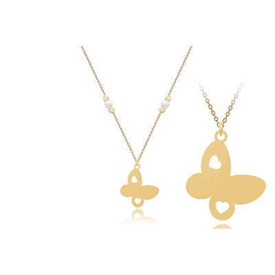 14 Ayar Sarı Altın Beyaz Taşlı Kelebek Kolye