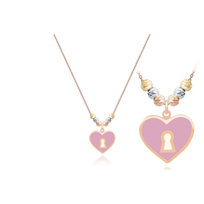 14 Ayar 3 Renkli Altın Kırmızı-Pembe Mineli Kalp Kolye