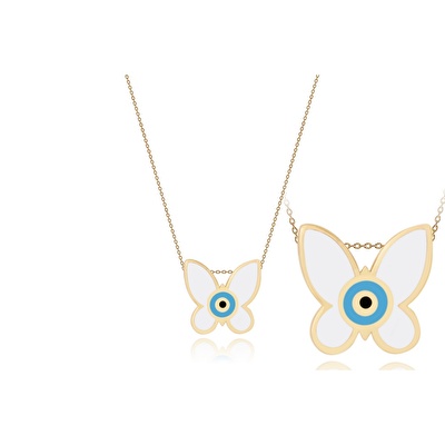 14 Ayar Sarı Altın Beyaz Mineli Kelebek Kolye