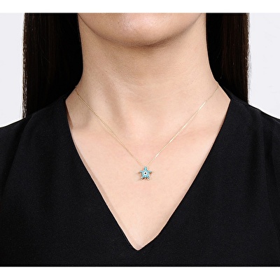 14 Ayar Sarı Altın Mavi Mineli Kaplumbağa Kolye