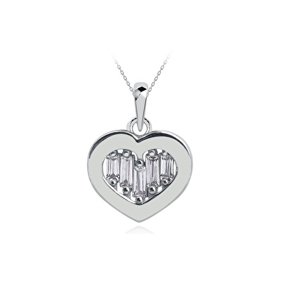 8 Ayar Beyaz Altın Baget Taşlı Kalp Kolye