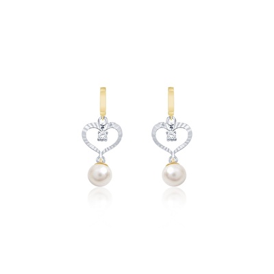 14 Ayar Sarı-Beyaz Altın İnci Küpe