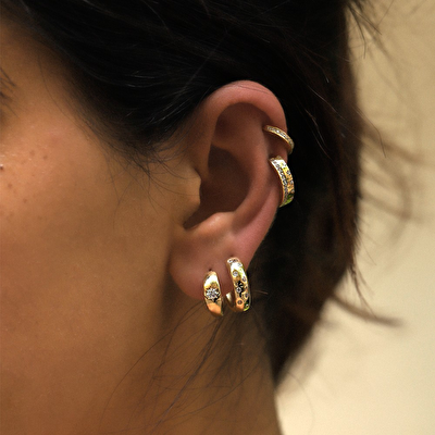 14 Ayar Sarı Altın Taşlı Halka Küpe