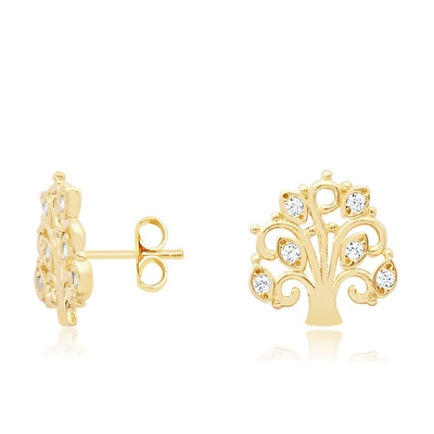 14 Ayar Sarı Altın Ağaç Çiçek Küpe