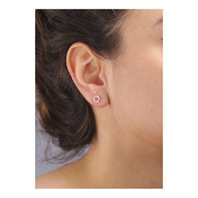 14 Ayar Sarı Altın Pembe Mineli Minimal Küpe