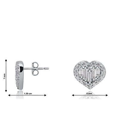 8 Ayar Beyaz Altın Baget Taşlı Kalp Küpe