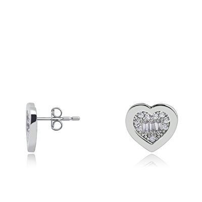 8 Ayar Beyaz Altın Baget Taşlı Kalp Küpe