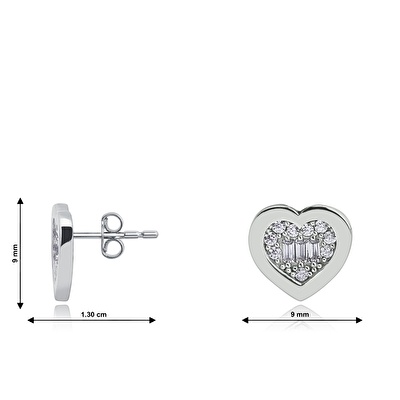 8 Ayar Beyaz Altın Baget Taşlı Kalp Küpe