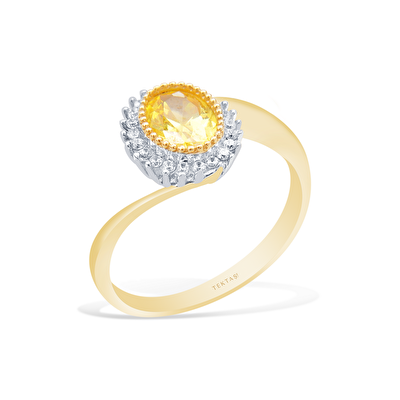 14 Ayar Sarı-Beyaz Altın Sarı Taşlı Yüzük