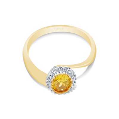 14 Ayar Sarı-Beyaz Altın Sarı Taşlı Yüzük