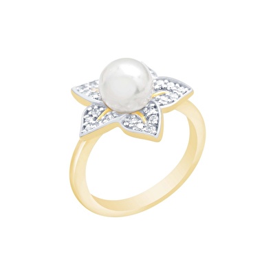 14 Ayar Sarı-Beyaz Altın İnci Yüzük