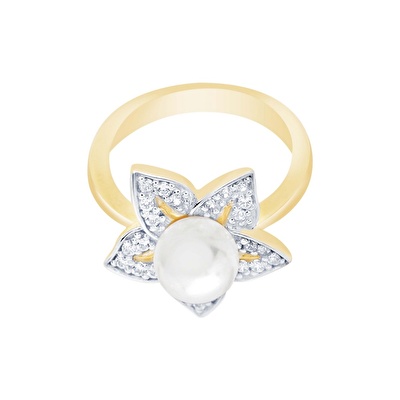 14 Ayar Sarı-Beyaz Altın İnci Yüzük