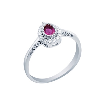 14 Ayar Beyaz Altın Pembe Taşlı Yüzük