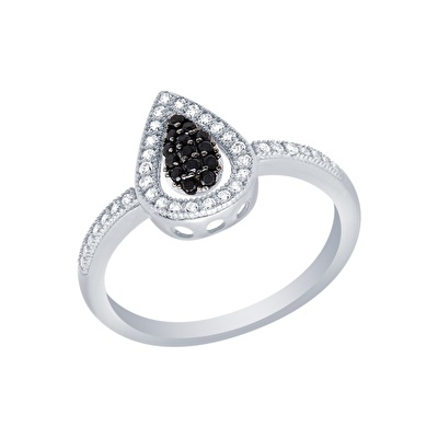 14 Ayar Beyaz Altın Siyah Taşlı Yüzük