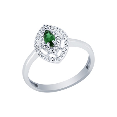 14 Ayar Beyaz Altın Yeşil Taşlı Yüzük