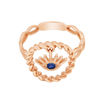 14 Ayar Rose Altın Mavi Taşlı Göz Figürlü Yüzük