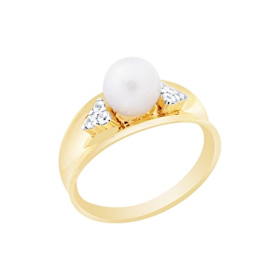 14 Ayar Sarı-Beyaz Altın İnci Yüzük