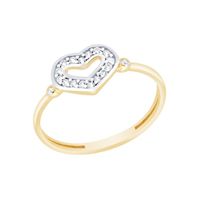 14 Ayar Sarı-Beyaz Altın Taşlı Kalp  Yüzük