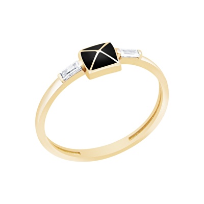 14 Ayar Sarı Altın Siyah Mineli Baget Yüzük