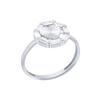 14 Ayar Beyaz Altın Taşlı Kalp Figürlü Yüzük