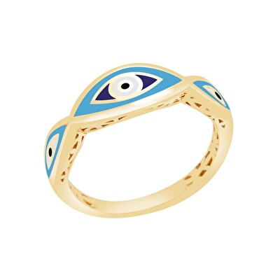 14 Ayar Sarı Altın Mavi Mineli Göz Figürlü Yüzük