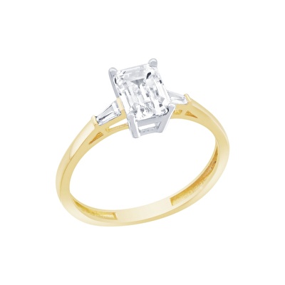 14 Ayar Sarı-Beyaz Altın Tektaş Baget Yüzük