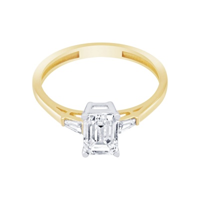 14 Ayar Sarı-Beyaz Altın Tektaş Baget Yüzük