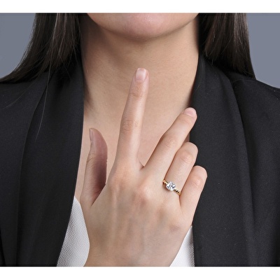 14 Ayar Sarı-Beyaz Altın Tektaş Baget Yüzük