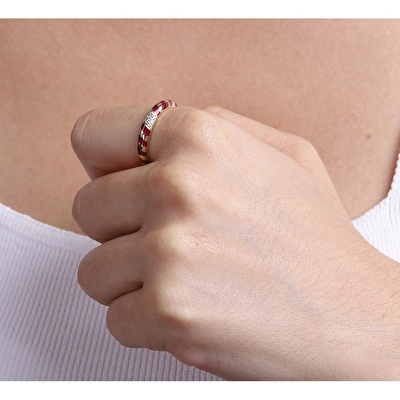 14 Ayar Sarı Altın Kırmızı Mineli Yüzük