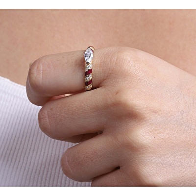 14 Ayar Sarı Altın Kırmızı Mineli Yüzük