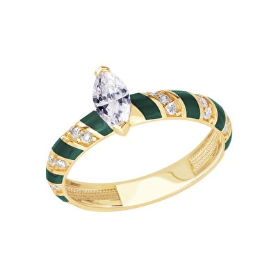 14 Ayar Sarı Altın Yeşil Mineli Yüzük