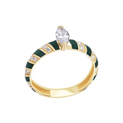 14 Ayar Sarı Altın Yeşil Mineli Yüzük
