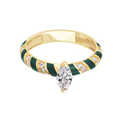 14 Ayar Sarı Altın Yeşil Mineli Yüzük