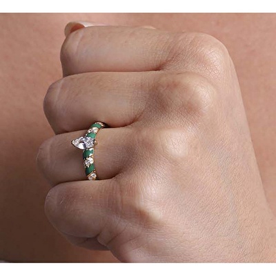 14 Ayar Sarı Altın Yeşil Mineli Yüzük