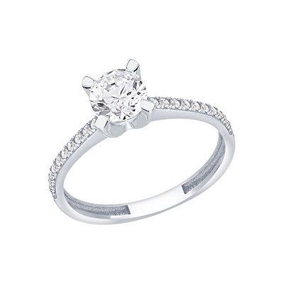 14 Ayar Beyaz Altın Tektaş Yüzük