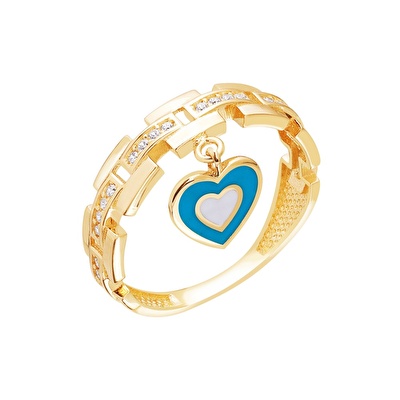 14 Ayar Sarı Altın Mavi Mineli Kalp Yüzük