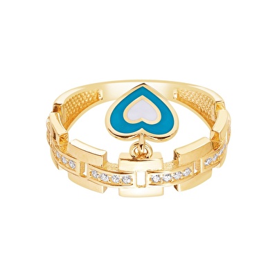 14 Ayar Sarı Altın Mavi Mineli Kalp Yüzük