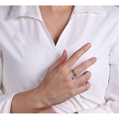 14 Ayar Sarı Altın Mavi Mineli Kalp Yüzük