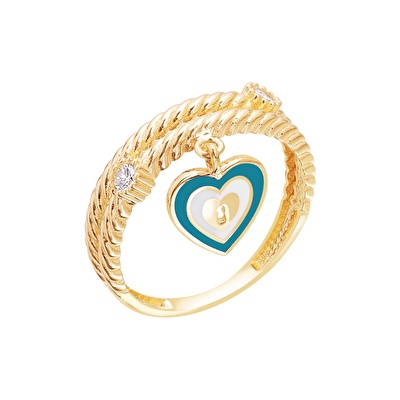 14 Ayar Sarı Altın Yeşil Mineli Kalp Yüzük