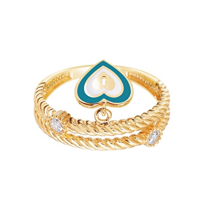 14 Ayar Sarı Altın Yeşil Mineli Kalp Yüzük