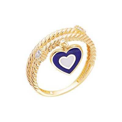 14 Ayar Sarı Altın Mavi Mineli Kalp Yüzük