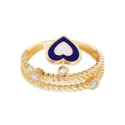 14 Ayar Sarı Altın Mavi Mineli Kalp Yüzük