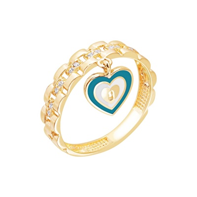 14 Ayar Sarı Altın Yeşil Mineli Kalp Yüzük