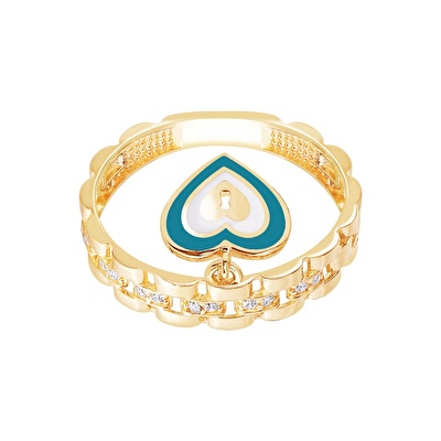 14 Ayar Sarı Altın Yeşil Mineli Kalp Yüzük