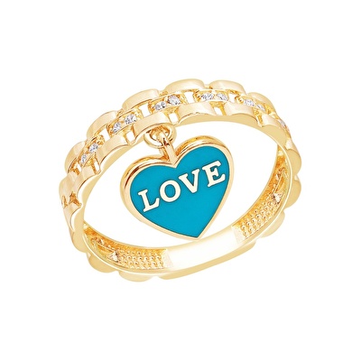 14 Ayar Sarı Altın Mavi Mineli Kalp Yüzük