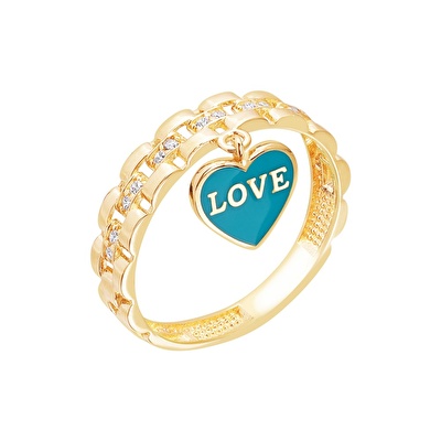 14 Ayar Sarı Altın Mavi Mineli Kalp Yüzük